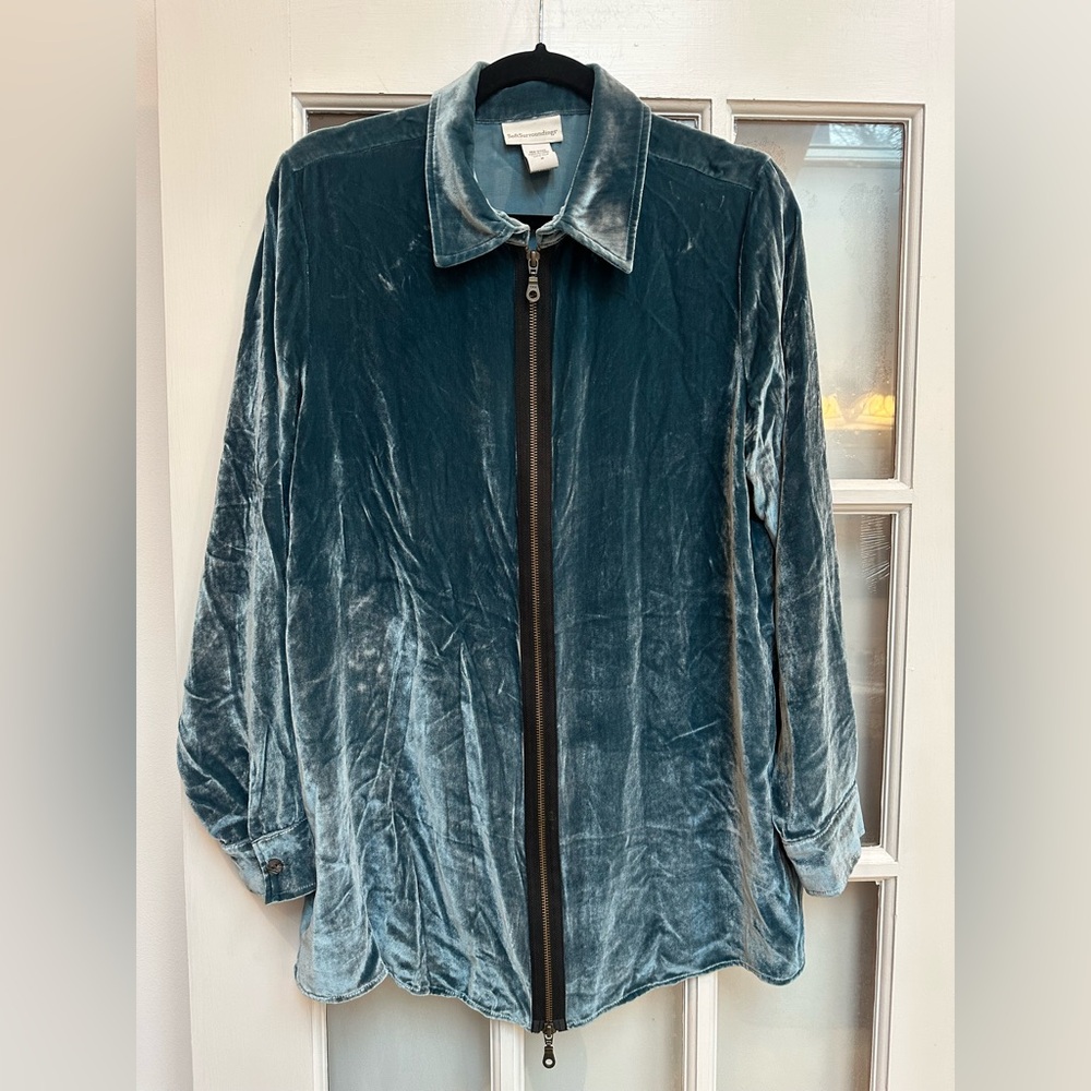 Soft Surroundings Crushed Velvet Ocean Teal Blue Silk Full Zip Sweatshirt Size M